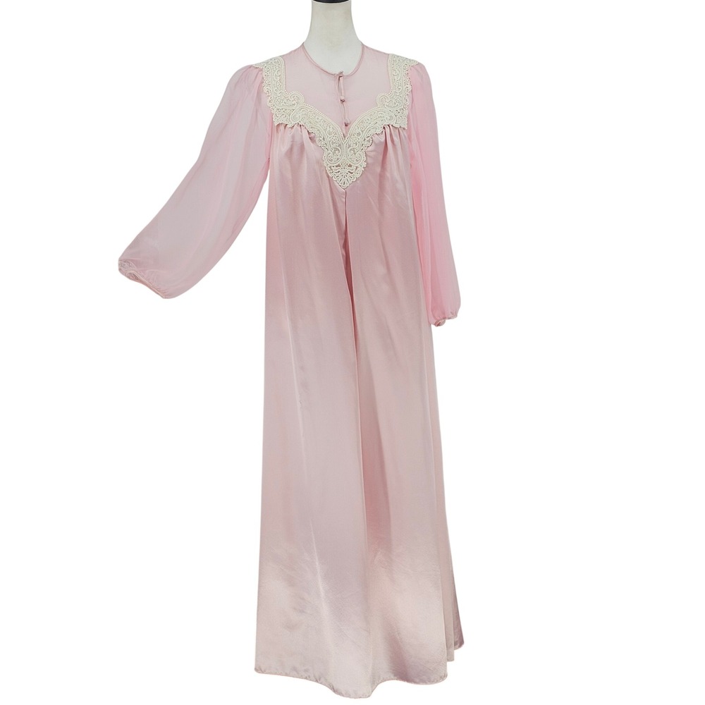 Miss Dior Nightgown S Pink Vintage Satin‎ Lace Sheer Sleeve Coquette Regency 70s